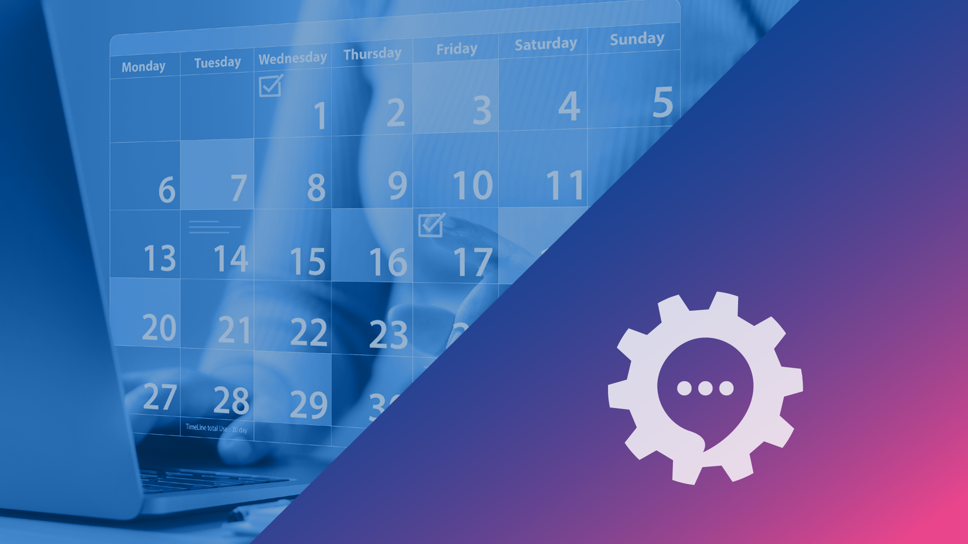Grafik mit Kalender im Hintergrund und stilisiertem Zahnrad-Symbol mit Sprechblase. Designelemente in Pink.