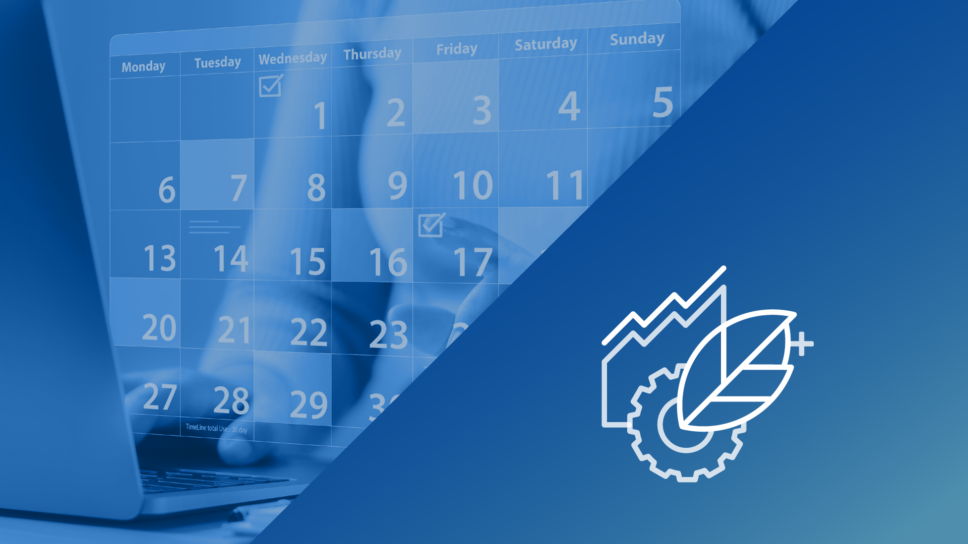 Grafik mit Kalender im Hintergrund und stilisiertem Symbol für nachhaltige Industrie. Designelemente in Blau.