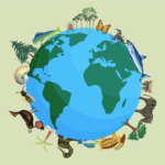 Illustration einer Weltkugel mit verschiedenen Tieren, Pflanzen und Insekten, die den Planeten umgeben. Zu sehen sind unter anderem ein Hai, ein Schmetterling, ein Zebra, Bäume und verschiedene Meereslebewesen.
