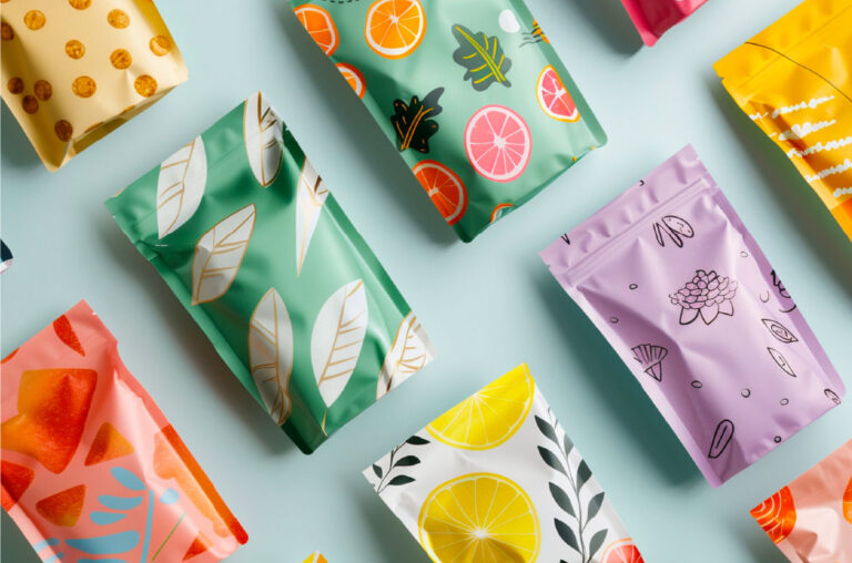 Bunte Snack-Verpackungen auf isoliertem Hintergrund