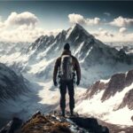Eine Person mit Winterkleidung und Rucksack steht auf einem schneebedeckten Bergvorsprung und blickt auf ein beeindruckendes Panorama aus verschneiten Gipfeln und Tälern. Der Himmel ist teilweise bewölkt, die Szenerie wirkt majestätisch und ruhig.