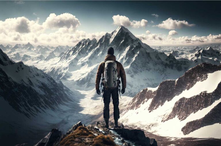 Eine Person mit Winterkleidung und Rucksack steht auf einem schneebedeckten Bergvorsprung und blickt auf ein beeindruckendes Panorama aus verschneiten Gipfeln und Tälern. Der Himmel ist teilweise bewölkt, die Szenerie wirkt majestätisch und ruhig.