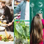Collage aus fünf Bildern, die verschiedene Aspekte der Lebensmittelproduktion und -verarbeitung zeigen: frisch geerntete Karotten, ein Koch bei der Zubereitung eines Gerichts, eine Person mit einem Einkaufswagen voller Gemüse, ein Kind, das Gemüse an eine Tafel zeichnet, und eine Frau, die auf einem Feld arbeitet.
