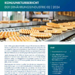 Titelbild des aktuellen Konjunkturberichts 02|2024 der Bundesvereinigung der Deutschen Ernährungsindustrie (BVE). Zu sehen sind Waffeln auf einem Fließband.