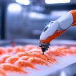 Industrieroboter überprüft Shrimps auf einem Förderband – automatisierte Qualitätskontrolle in der Lebensmittelproduktion