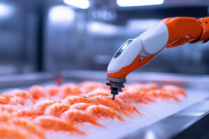 Industrieroboter überprüft Shrimps auf einem Förderband – automatisierte Qualitätskontrolle in der Lebensmittelproduktion