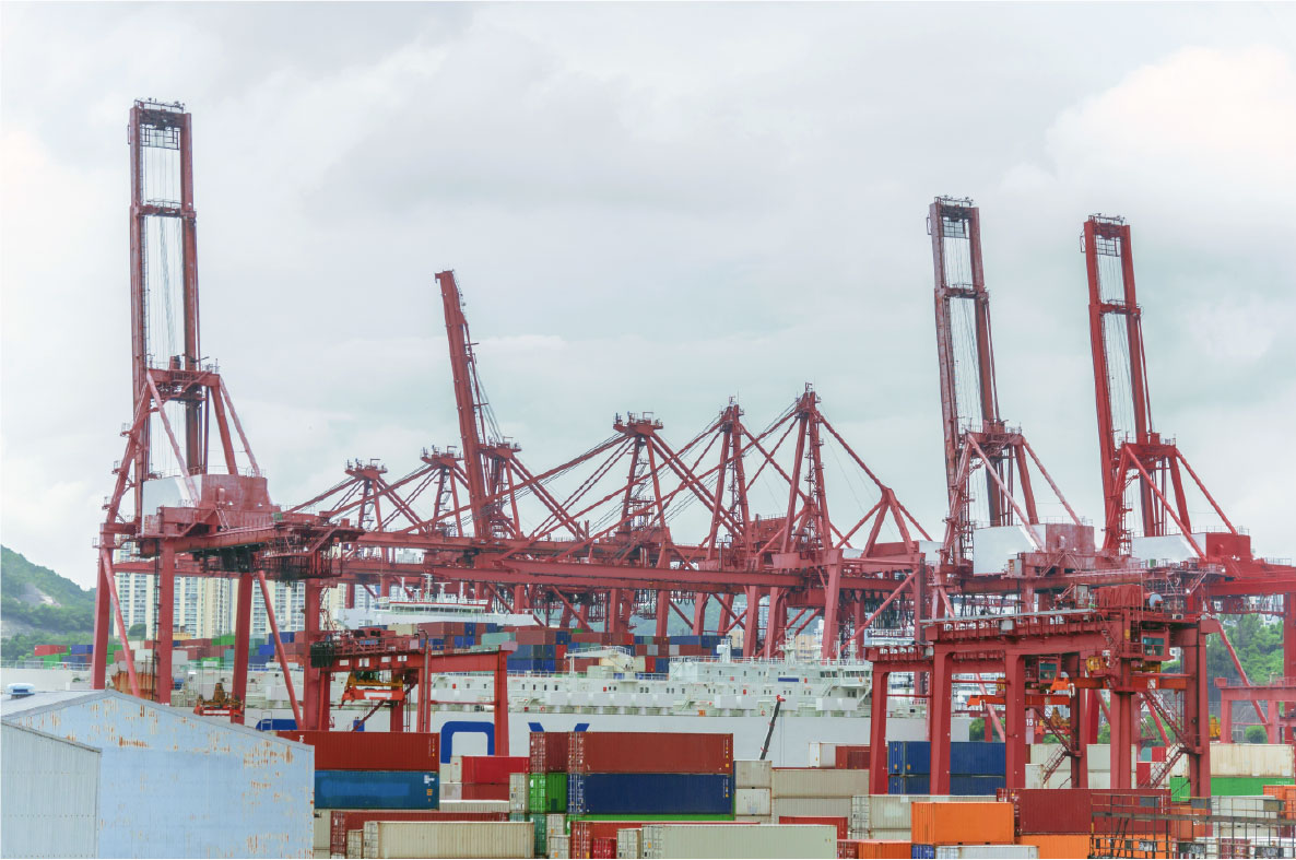Containerhafen mit roten Verladekränen und gestapelten Schiffscontainern vor bewölktem Himmel – Logistik und Außenhandel in der globalen Ernährungswirtschaft.