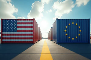 Zwei Container mit Flaggen der USA und der EU stehen sich gegenüber auf einem Hafengelände