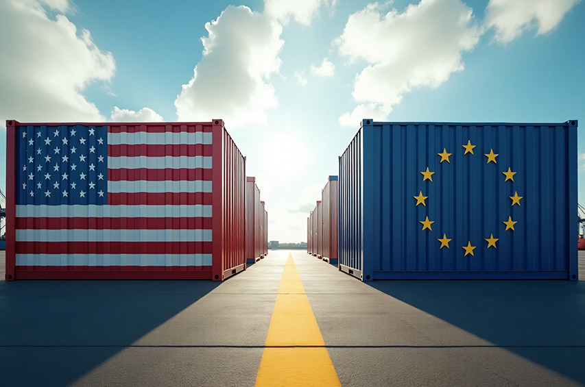 Zwei Container mit Flaggen der USA und der EU stehen sich gegenüber auf einem Hafengelände