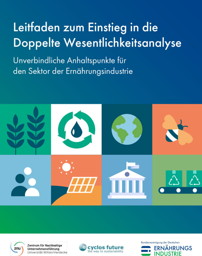 Cover der Publikation "Leitfaden zum Einstieg in die Doppelte Wesentlichkeitsanalyse: Unverbindliche Anhaltspunkte für den Sektor der Ernährungsindustrie"