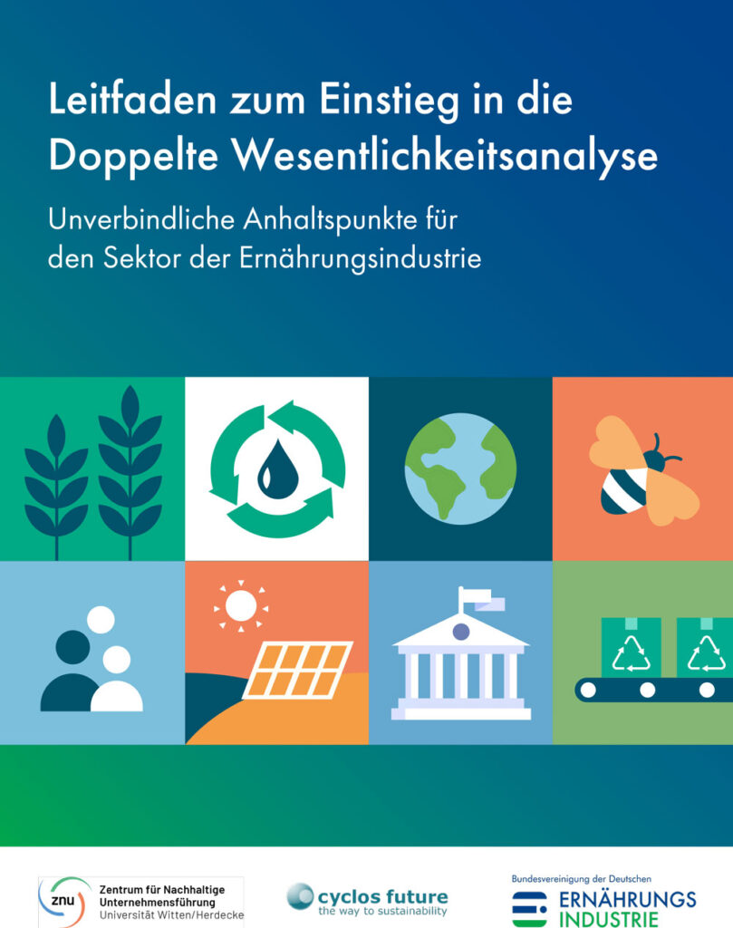 Cover der Publikation "Leitfaden zum Einstieg in die Doppelte Wesentlichkeitsanalyse: Unverbindliche Anhaltspunkte für den Sektor der Ernährungsindustrie"