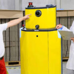 Zwei Mitarbeiter in Hygienekleidung stehen in einer Produktionshalle.