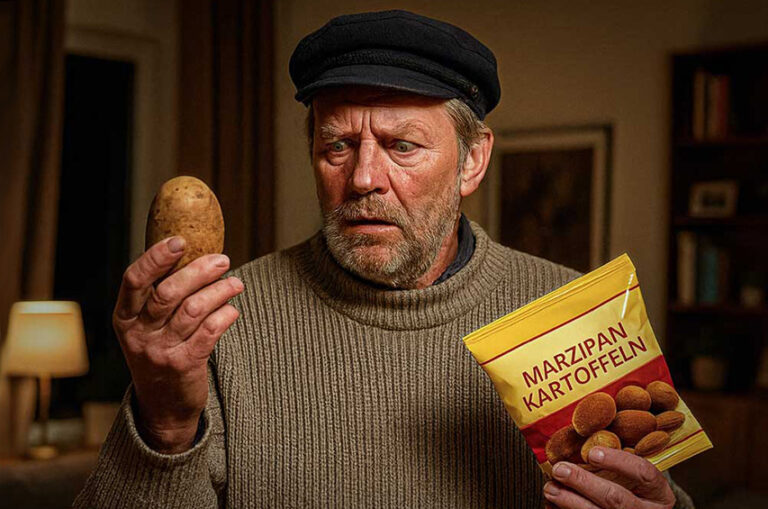 Mann mit Seemannsmütze hält eine Kartoffel in der einen und eine Packung Marzipankartoffeln in der anderen Hand und blickt irritiert.