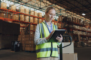 Mitarbeiterin in einer Lagerhalle prüft Liefer- und Bestandsdaten auf einem Tablet zwischen Hochregalen mit Waren.