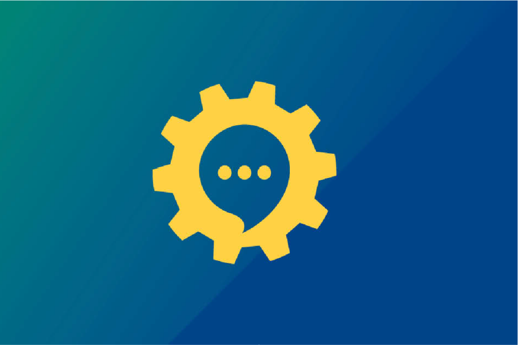 Gelbes Zahnrad mit Sprechblasen-Symbol auf blau-grünem Hintergrund als stilisierte Darstellung von Kommunikation und Technologie.