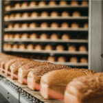 Frisch gebackene Brote auf einem Förderband in einer modernen Großbäckerei: Automatisierte Produktion von Backwaren in der Lebensmittelindustrie mit industrieller Verarbeitung und Verpackung frischer Brotprodukte.