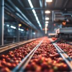 Frische rote Tomaten werden auf einem Förderband in einer modernen Lebensmittelverarbeitungsanlage transportiert.