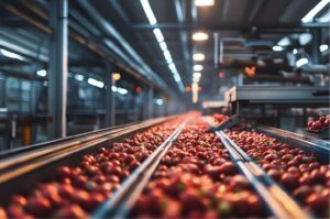 Frische rote Tomaten werden auf einem Förderband in einer modernen Lebensmittelverarbeitungsanlage transportiert.