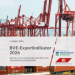 Cover des BVE-Exportindikators 2026 mit Containerhafen und Kränen. Die Studie beleuchtet Exportmärkte, Geschäftserwartungen und internationale Herausforderungen der deutschen Ernährungsindustrie.