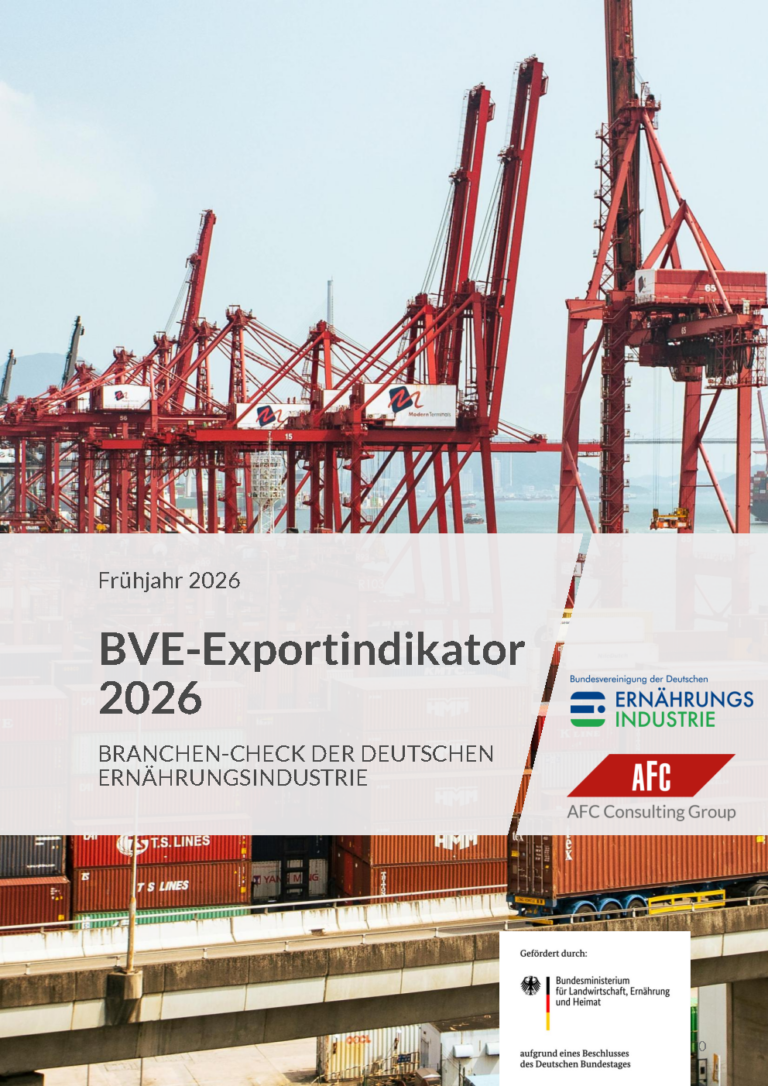Cover des BVE-Exportindikators 2026 mit Containerhafen und Kränen. Die Studie beleuchtet Exportmärkte, Geschäftserwartungen und internationale Herausforderungen der deutschen Ernährungsindustrie.