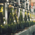 Grüne Glasflaschen werden auf einem Laufband durch eine industrielle Produktionsanlage transportiert. Die Flaschen sind Teil eines automatisierten Abfüll- und Herstellungsprozesses in der Lebensmittel- und Getränkeindustrie.