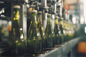 Grüne Glasflaschen werden auf einem Laufband durch eine industrielle Produktionsanlage transportiert. Die Flaschen sind Teil eines automatisierten Abfüll- und Herstellungsprozesses in der Lebensmittel- und Getränkeindustrie.