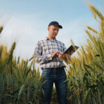 Landwirt kontrolliert einen Getreidebestand und dokumentiert Daten auf einem Tablet.