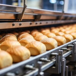 Frisch gebackene Brötchen auf einem Förderband in einer industriellen Bäckerei