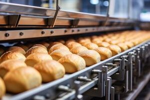 Frisch gebackene Brötchen auf einem Förderband in einer industriellen Bäckerei