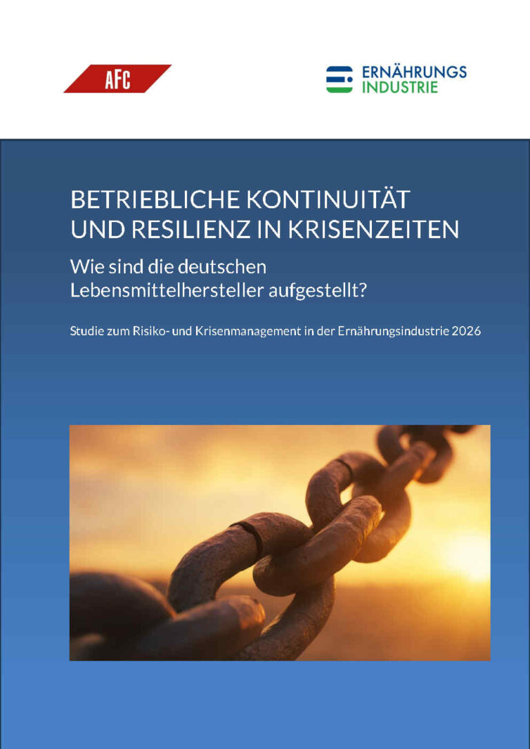 Titelseite der BVE- und AFC-Studie „Betriebliche Kontinuität und Resilienz in Krisenzeiten“ zum Risiko- und Krisenmanagement in der Ernährungsindustrie 2026. Das Titelbild zeigt eine massive Metallkette im warmen Licht als Symbol für Widerstandsfähigkeit und Resilienz.