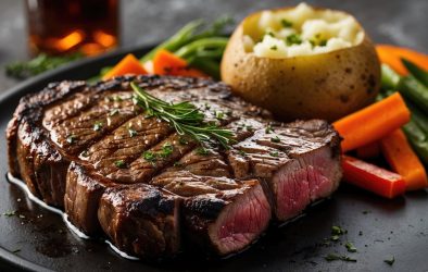Saftiges, medium gebratenes Rindersteak mit Rosmarin, Kartoffelstampf und Gemüse auf einem Teller serviert.
