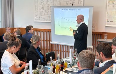 Prof. Dr. Boris Bigalke präsentiert vor Sitzungsteilnehmern eine Folie mit dem Titel "UK Vitality Habit Index 2024".