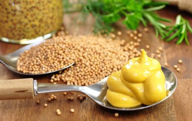 Löffel mit körniger Senfpaste und cremigem Senf, daneben Senfkörner und Kräuter