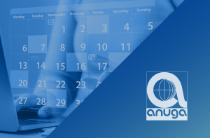 Grafik mit Kalender im Hintergrund anuga-Logo. Designelemente in Blau.