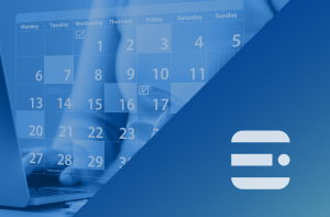 Grafik mit Kalender im Hintergrund und BVE-Logo. Designelemente in Blau.