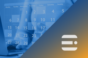 Grafik mit Kalender im Hintergrund und BVE-Logo. Designelemente in Blau und Orange.