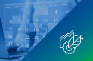 Grafik mit Kalender im Hintergrund und stilisiertem Symbol für nachhaltige Industrie. Designelemente in Blau und Grün.