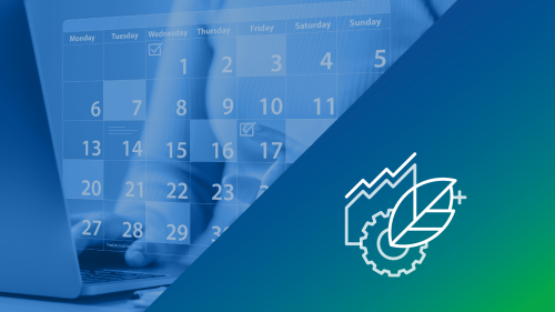 Grafik mit Kalender im Hintergrund und stilisiertem Symbol für nachhaltige Industrie. Designelemente in Blau und Grün.